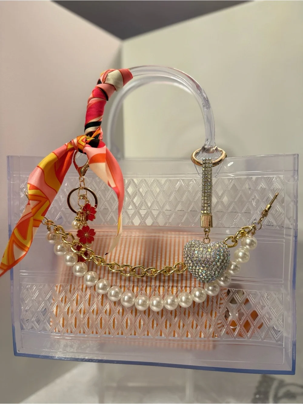 Clear Acrylic Jelly Tote with Pearl Strand & Rhinestone Heart Accent